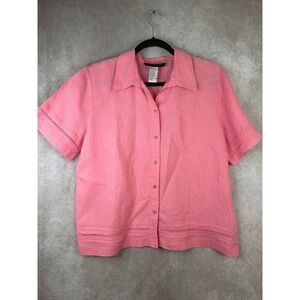 VTG Sag Harbor Button Down Shirt Womens 12P PETITE Pink 100% Linen Short Sleeve